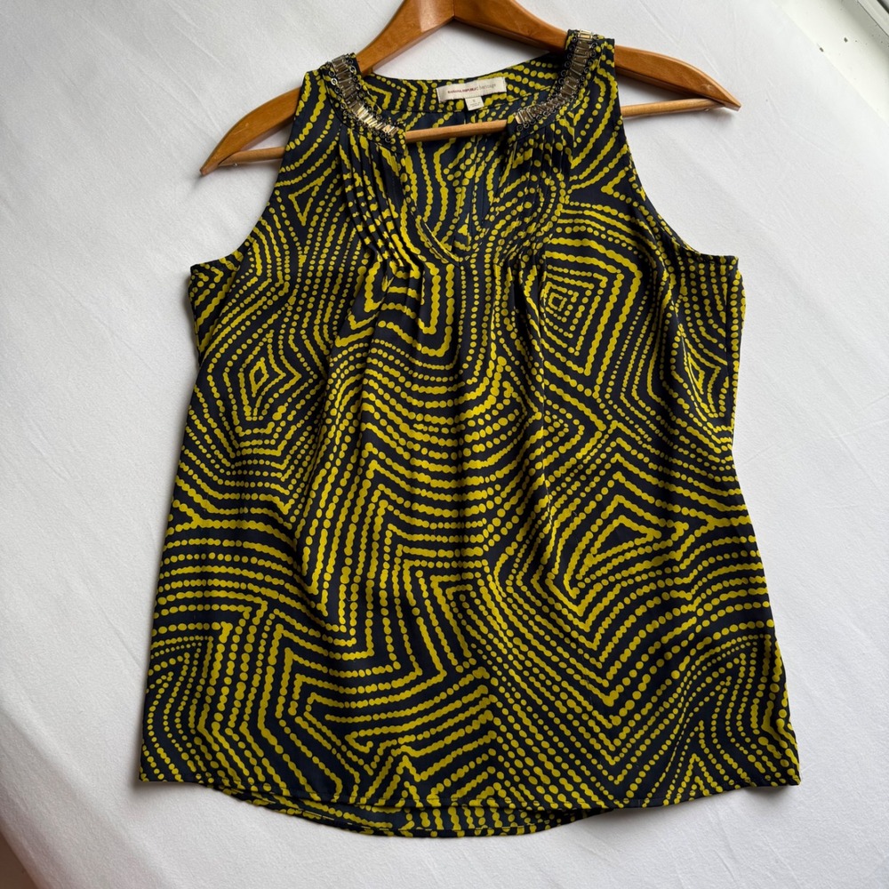 Banana Republic Heritage Sleeveless Blouse Yellow Black Geometric Beaded Neck S